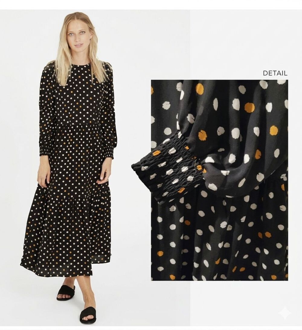 NWT Black Yellow Polka Dot Midi Dress Medium M Prairie Cottagecore Peasant Boho